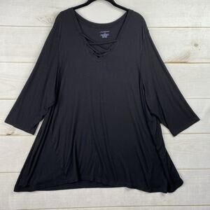 Lane Bryant Knit Top Womens 26/28 Black 3/4 Sleeve Strappy V Neck Ribbed Tunic